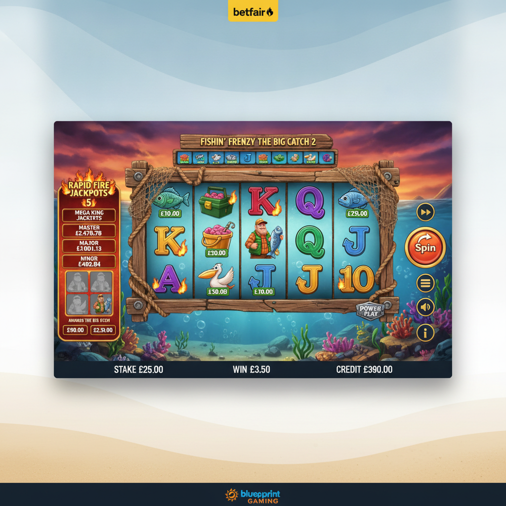 Fishin' Frenzy The Big Catch 2 Spielautomat mit Unterwasser-Szene, Fischercharakter, bunten Fischen mit Geldwerten und 5x3 Walzen vor Sonnenuntergang-Hintergrund