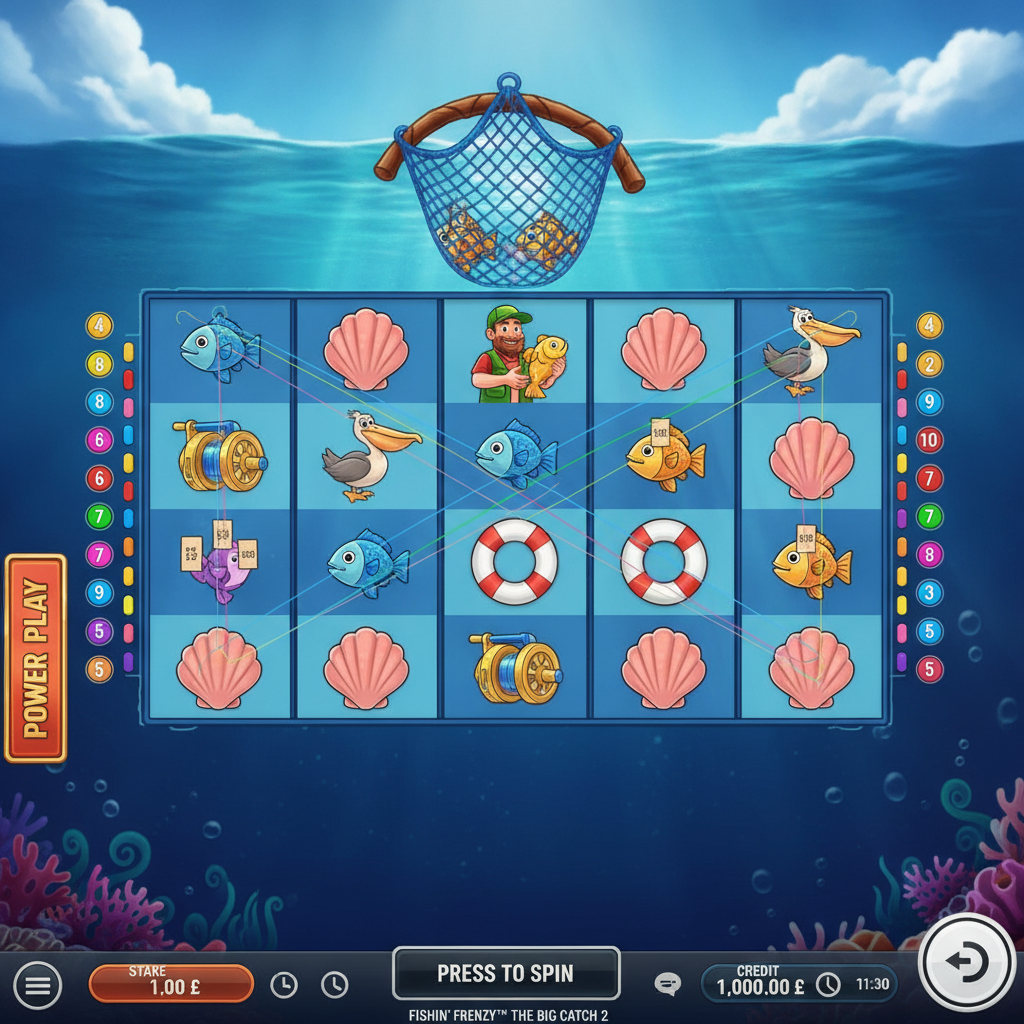 Fishin' Frenzy The Big Catch 2 Slot mit 5x3 Walzen, bunten Fisch-Symbolen, Fischer Wild-Symbol und Unterwasser-Thema von Blueprint Gaming