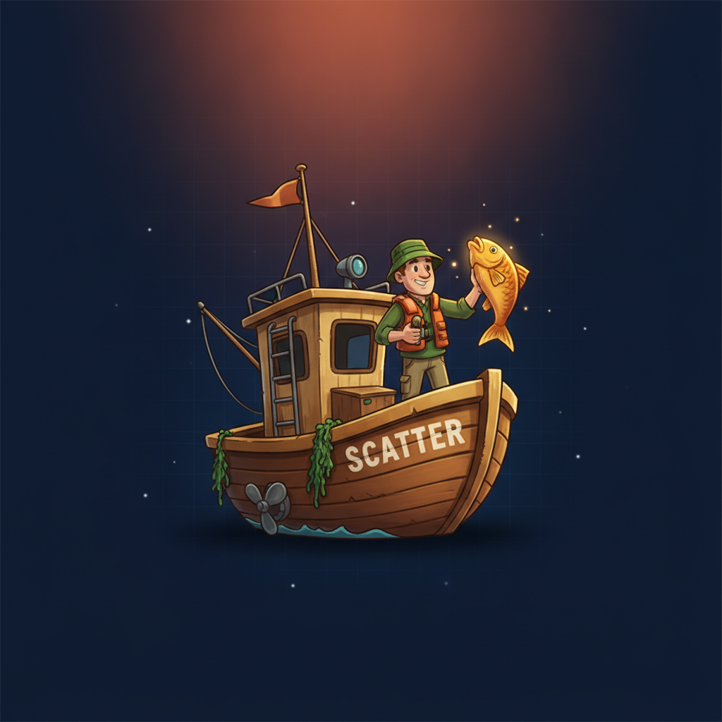 Fishin' Frenzy The Big Catch 3 Rapid Fire Slot mit Fischerboot Scatter-Symbol, Angler mit goldenem Fisch und SCATTER-Schriftzug auf braunem Holzboot