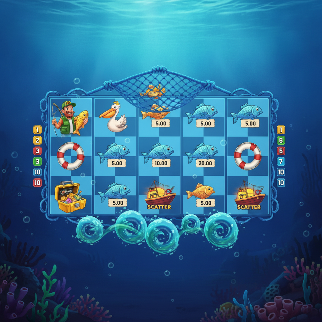 Fishin' Frenzy The Big Catch 3 Unterwasser-Szene mit Angler, Fischerboot Scatter, bunten Fischen mit Wert-Tags und Pelikan auf 5x3 Walzen mit 10 Gewinnlinien