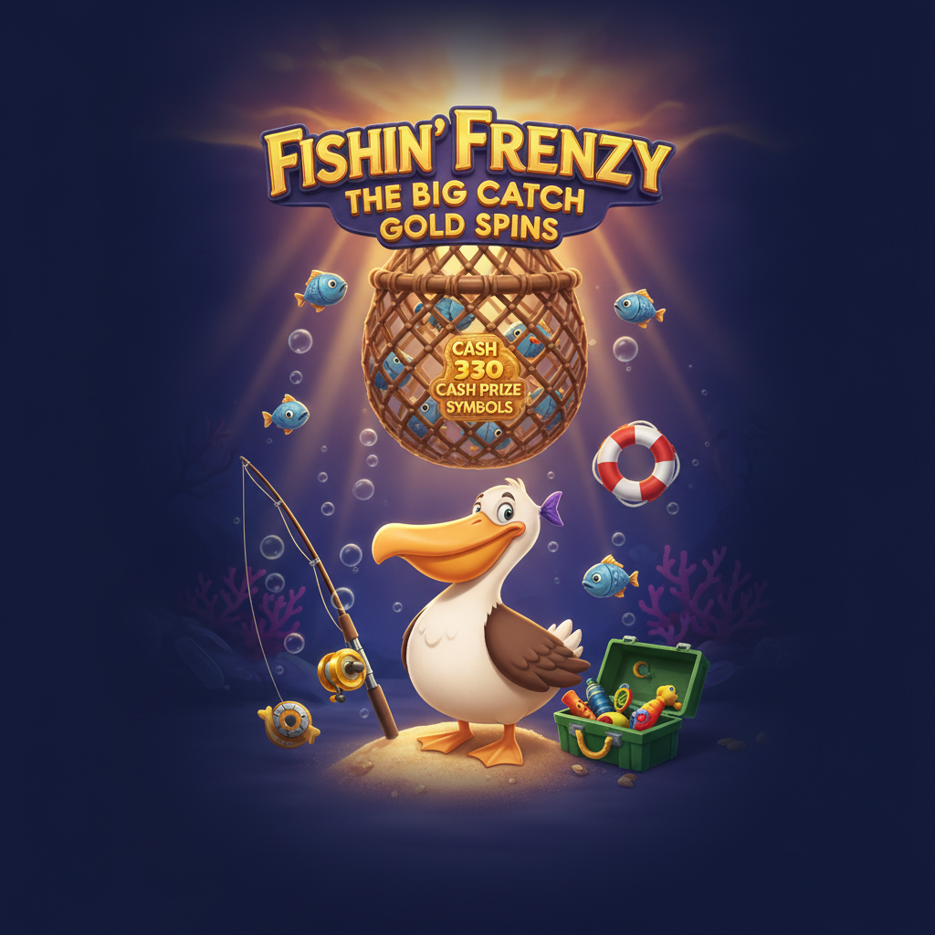 Fishin' Frenzy The Big Catch Gold Spins Slot mit Unterwasser-Ozean-Szene, Pelikan-Symbol, Fischernetzen und goldenen Sonnenuntergang-Farben