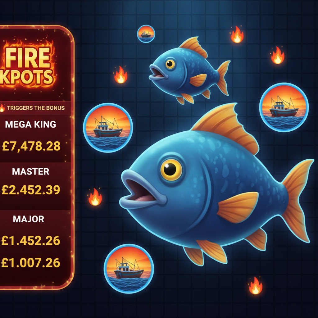Fishin' Frenzy The Big Catch Rapid Fire Slot mit blauen Fischen, Fischerboot Scatter-Symbolen und Rapid Fire Jackpot System von Blueprint Gaming