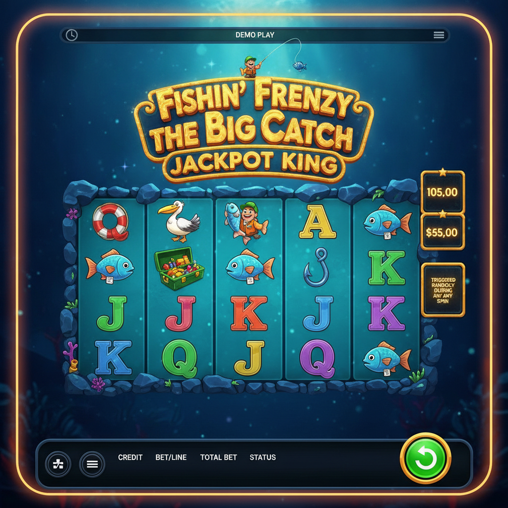 Fishin' Frenzy The Big Catch Jackpot King Slot mit 5 Walzen im Unterwasser-Design, bunten Fischsymbolen, Fisherman Wild und Scatter Fischerboot vor blauem Ozean-Hintergrund