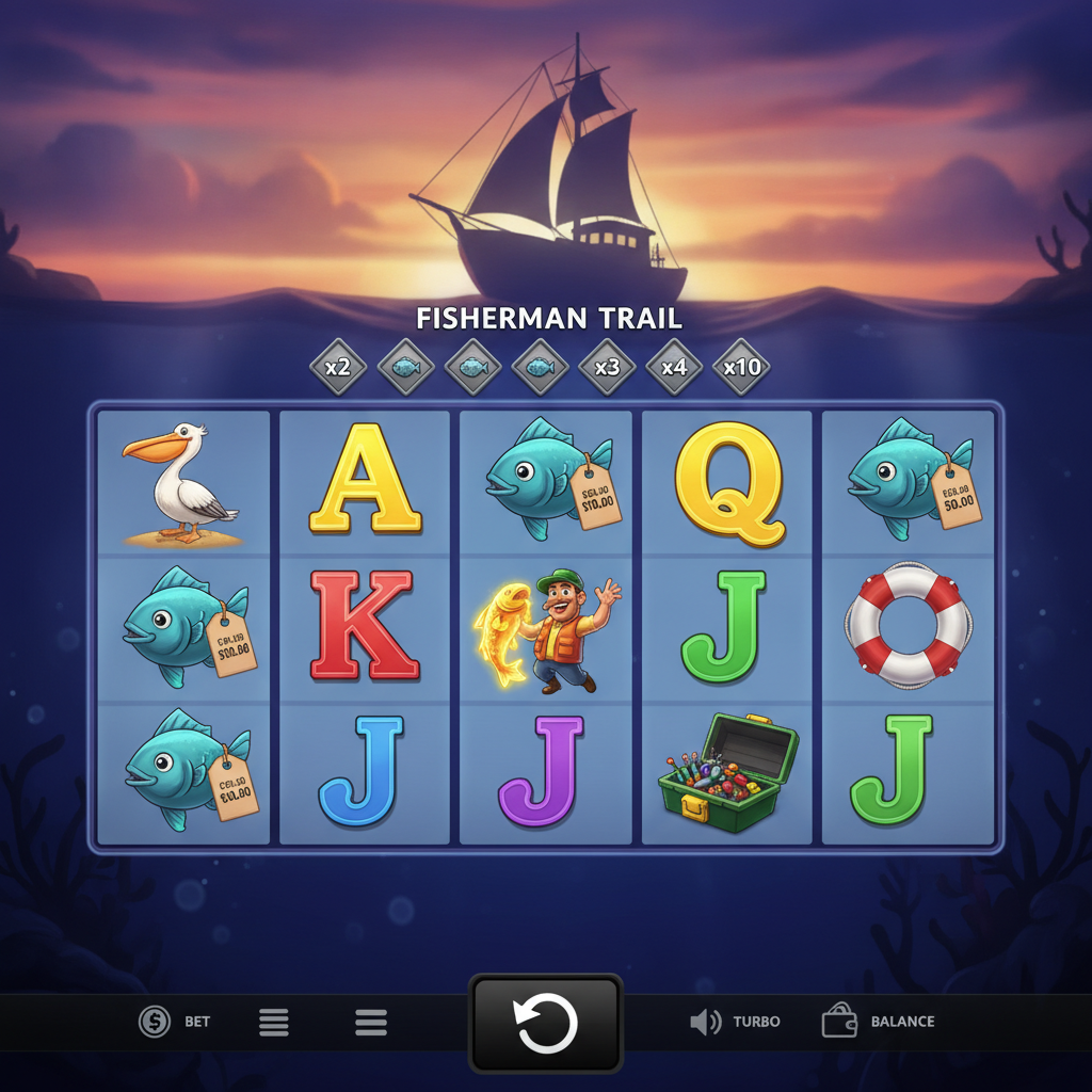 Fishin' Frenzy The Big Splash Slot mit Fischerboot bei Sonnenuntergang, bunten Fischen mit Geldwerten und Fisherman Wild Symbol über 5 Walzen und 3 Reihen