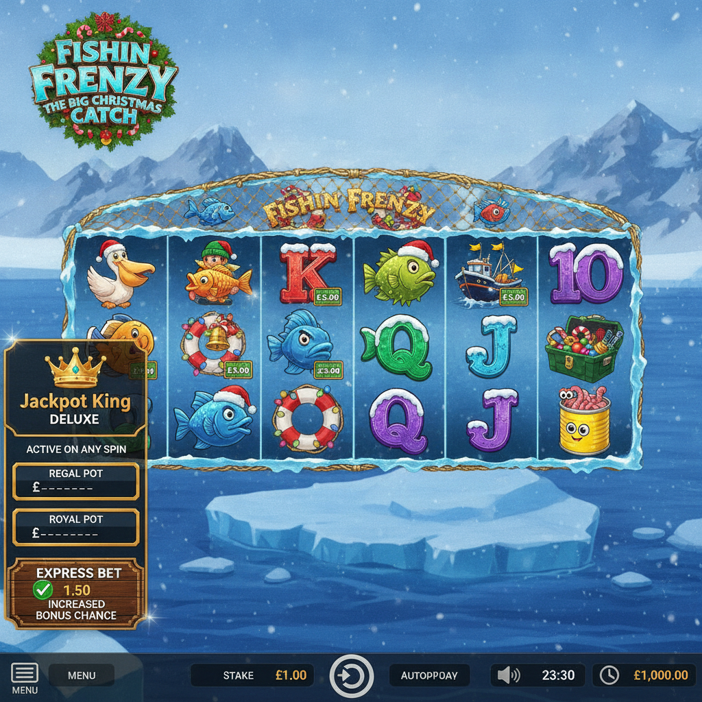 Fishin' Frenzy The Big Christmas Catch Jackpot King Spielautomat mit arktischer Winterlandschaft, Fischerboot, festlichen Fischsymbolen mit Weihnachtsmützen und goldenem Fangnetz