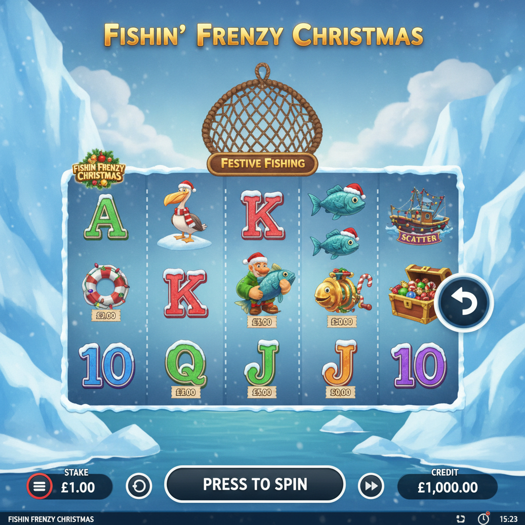 Fishin' Frenzy Christmas Slot mit verschneiten Eisbergen, Fischen in Weihnachtsmützen und goldenem Logo mit Tannenzweigen und Christbaumkugeln