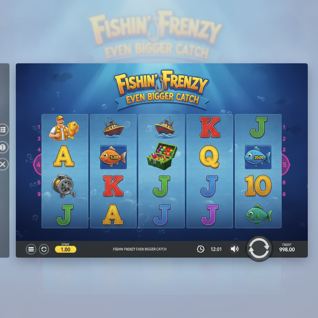 Fishin' Frenzy Even Bigger Catch Spielautomat mit 5x3 Walzen, Unterwasser-Thema, Fischerboot Scatter Symbol und bunten Fischsymbolen