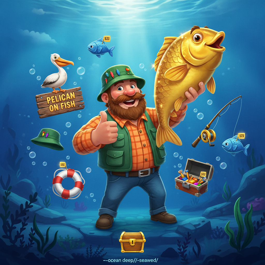 Fishin' Frenzy Even Bigger Fish 2 Spielautomat mit Angler in grünem Hut und oranger Weste, goldener Fisch, Pelikan auf Holzschild, Ozean Hintergrund mit Meerespflanzen und blauen Wellen