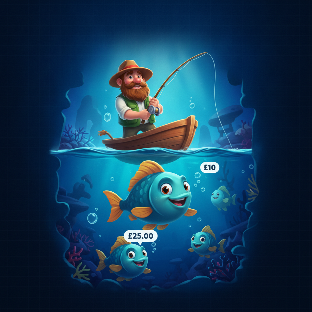 Fishin' Frenzy Even Bigger Fish Rapid Fire Slot mit Frankie dem Fischer auf einem Boot, bunte Cartoon-Fische mit Bargeldwerten, Unterwasser-Ozean-Szenerie und Angelrute