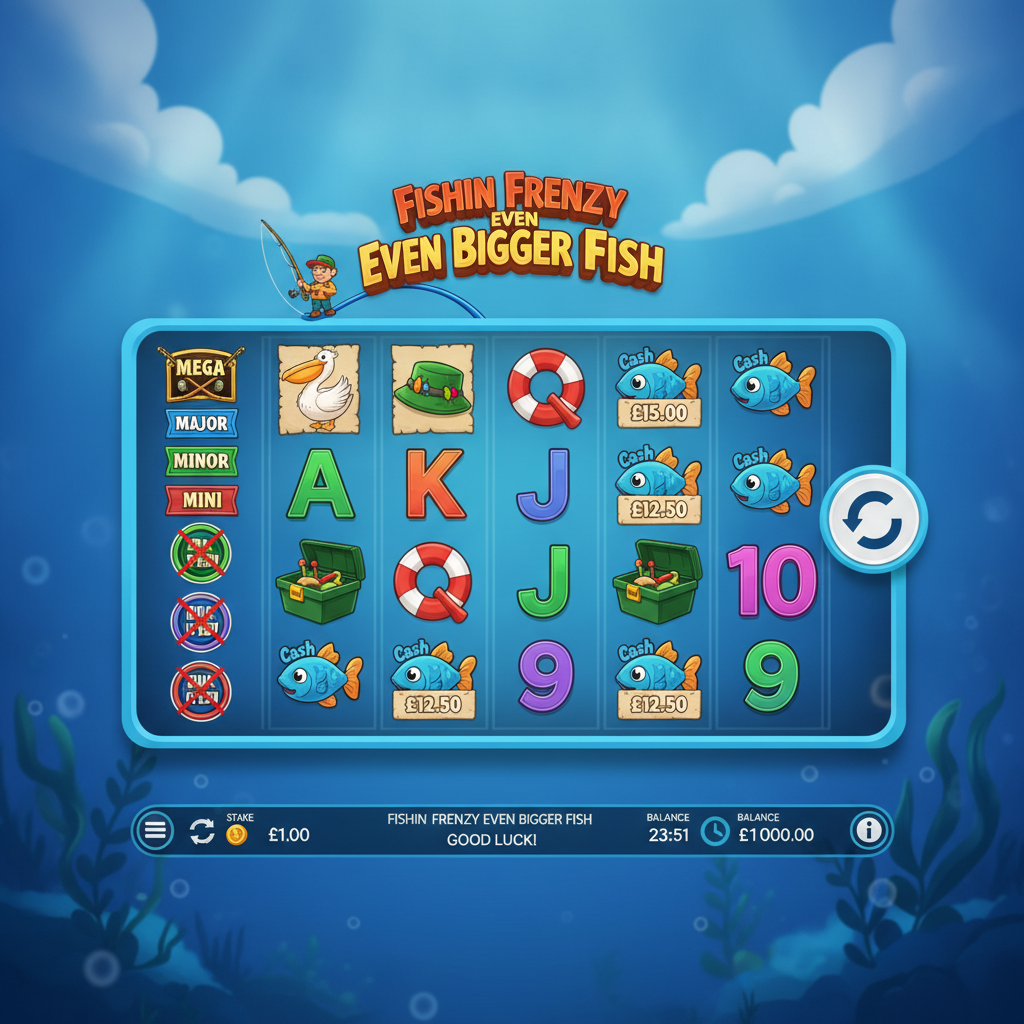 Fishin' Frenzy Even Bigger Fish Spielautomat mit 6 Walzen, 4 Reihen, blauem Unterwasserhintergrund, Frankie dem Fischer als Wild-Symbol und bunten Fisch-Symbolen
