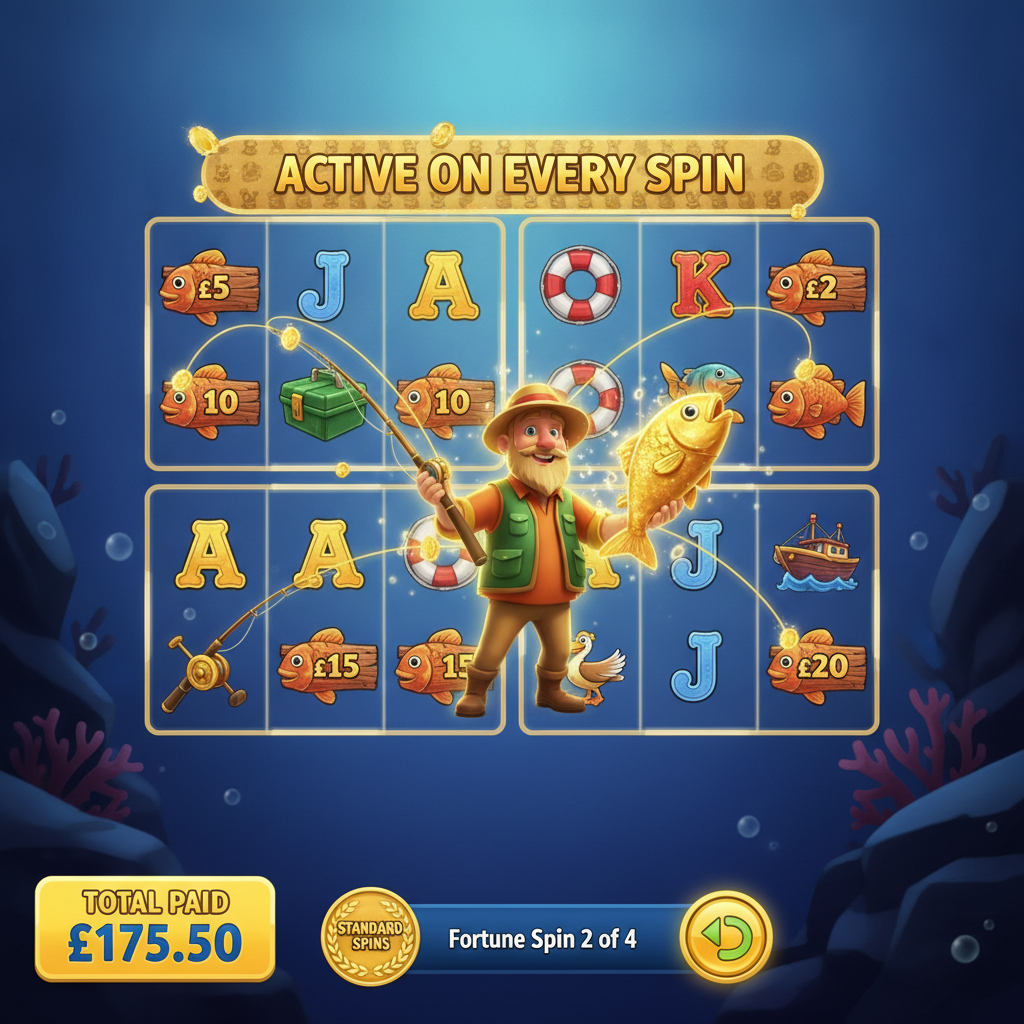 Fishin' Frenzy Fortune Play Slot mit Unterwasser-Ozean-Thema, Angler-Charakter mit goldenem Fisch, bunten Meerestieren und 4-fach Walzen-Fenstern im Fortune Play Modus