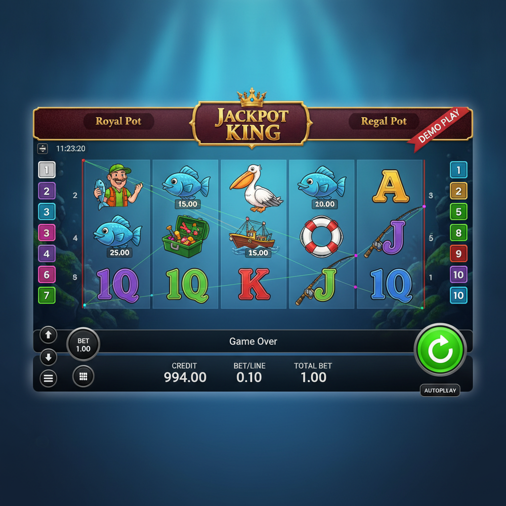 Fishin' Frenzy Jackpot King Spielautomat mit Unterwasser-Thema, bunten Fischsymbolen, Fischer und Streuboot auf 5 Walzen
