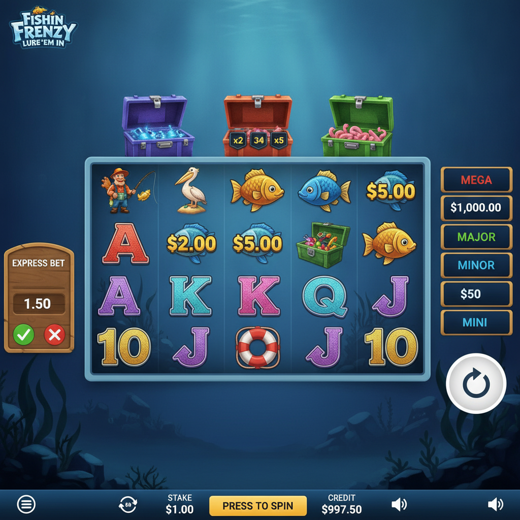 Fishin' Frenzy Lure 'Em In Spielautomat mit 5x3 Walzen, bunten Fisch-Symbolen, drei Tacklebox-Features und Fisherman Wild-Symbol vor Unterwasser-Hintergrund