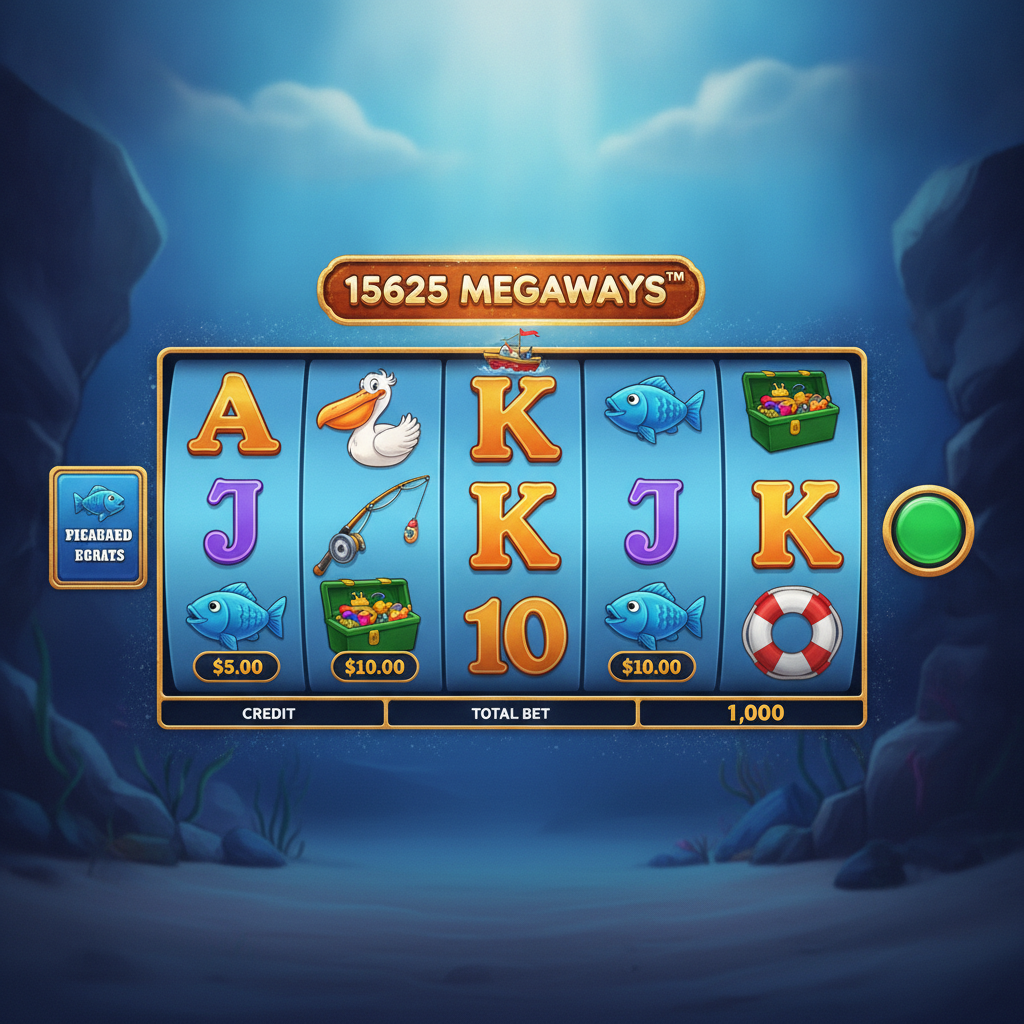 Fishin' Frenzy Megaways Spielautomat mit Unterwasser-Szene, bunten Fischen, Fischerboot, Pelikan und goldenen Symbolen auf 6 Walzen