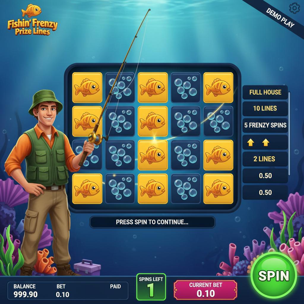 Fishin' Frenzy Prize Lines 5x5 Raster mit goldenen Fischen, Blasen und Fisherman-Charakter vor Unterwasser-Szene