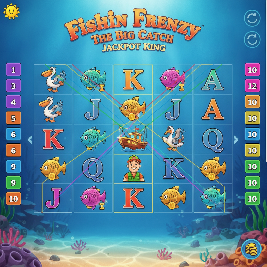 Fishin' Frenzy Slot mit 5 Walzen vor Unterwasser-Ozean-Kulisse, Pelican-Symbol, Fischerboot-Scatter und bunten Gewinnlinien