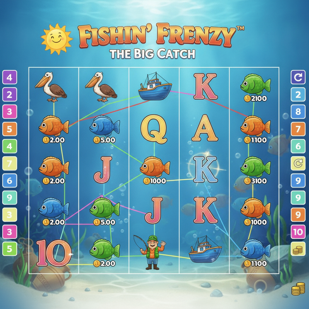 Fishin' Frenzy Slot mit 5x3 Walzen, bunten Unterwasser-Symbolen, Pelikan, Fischerboot-Scatter und lachendem Sonnen-Symbol auf hellblauem Ozean-Hintergrund