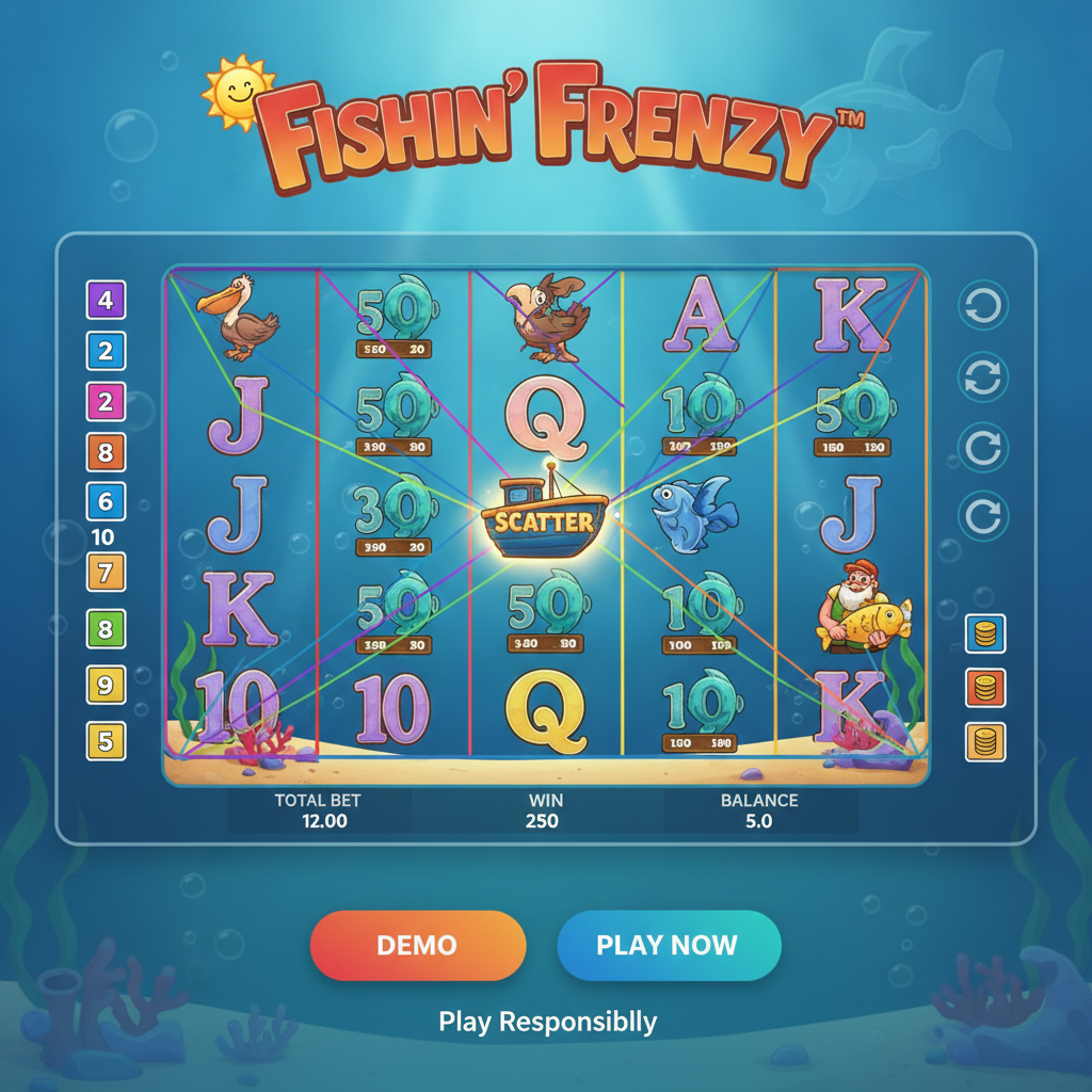 Fishin' Frenzy Slot mit 5 Walzen und 3 Reihen, Unterwasser-Ozeanszene mit hellem blauen Wasser, Pelikan-Symbol, Fischer-Wild, Boot-Scatter und bunten Gewinnlinien