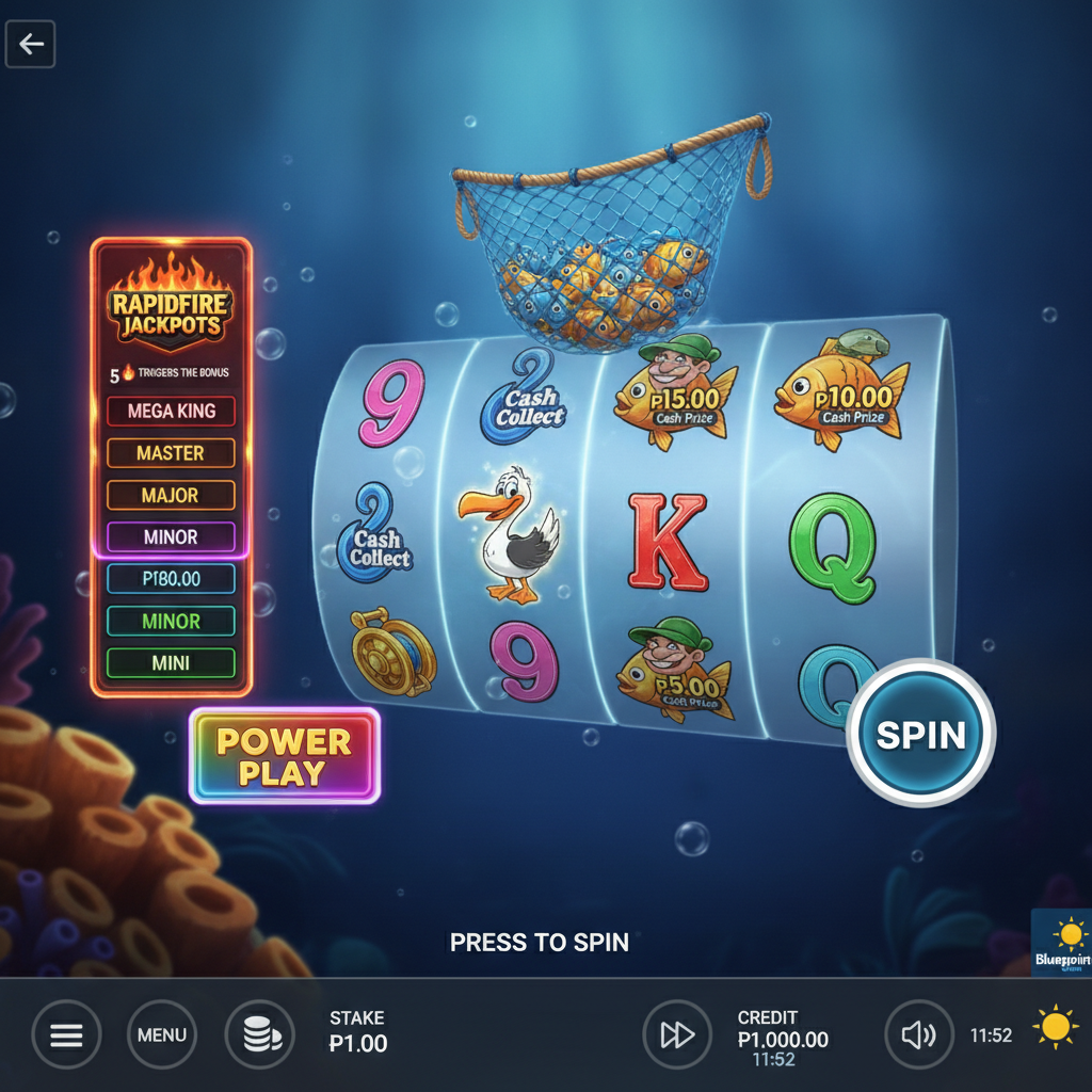 Fishin' Frenzy Win Stepper Spielautomat mit 3 Walzen, Unterwasser-Thema, Pelikan Wild Symbol, Angler Charakter und bunten Fischsymbolen mit Cash Prize Werten